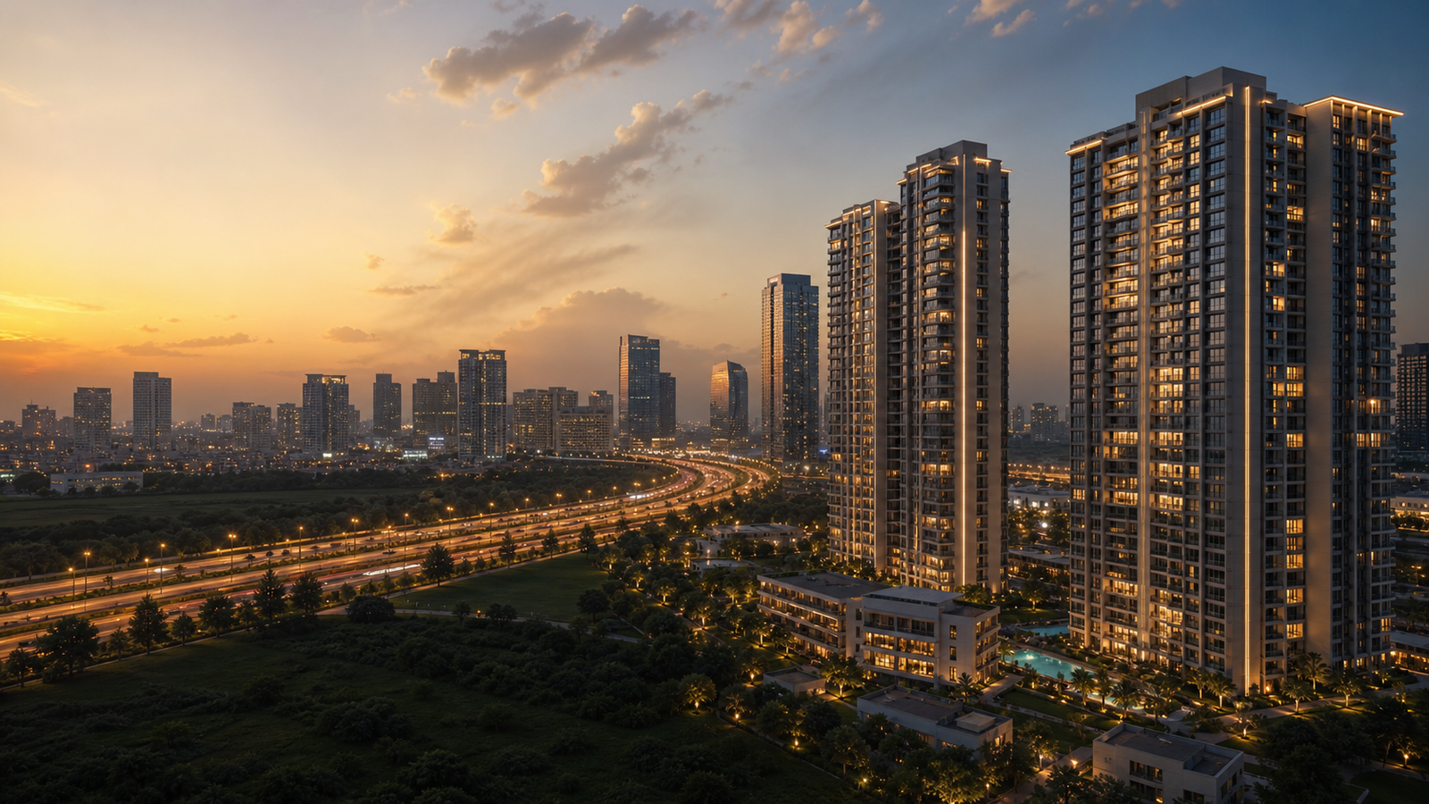Modern luxury residential towers and Gurugram skyline at golden hour
